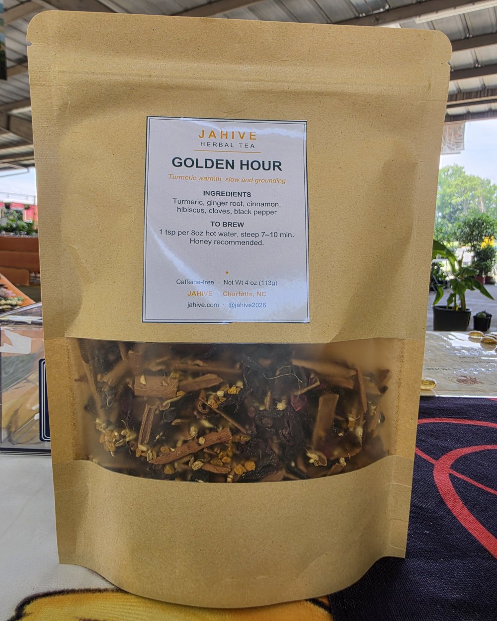 Jahive Golden Hour herbal tea in kraft bag with handcrafted label
