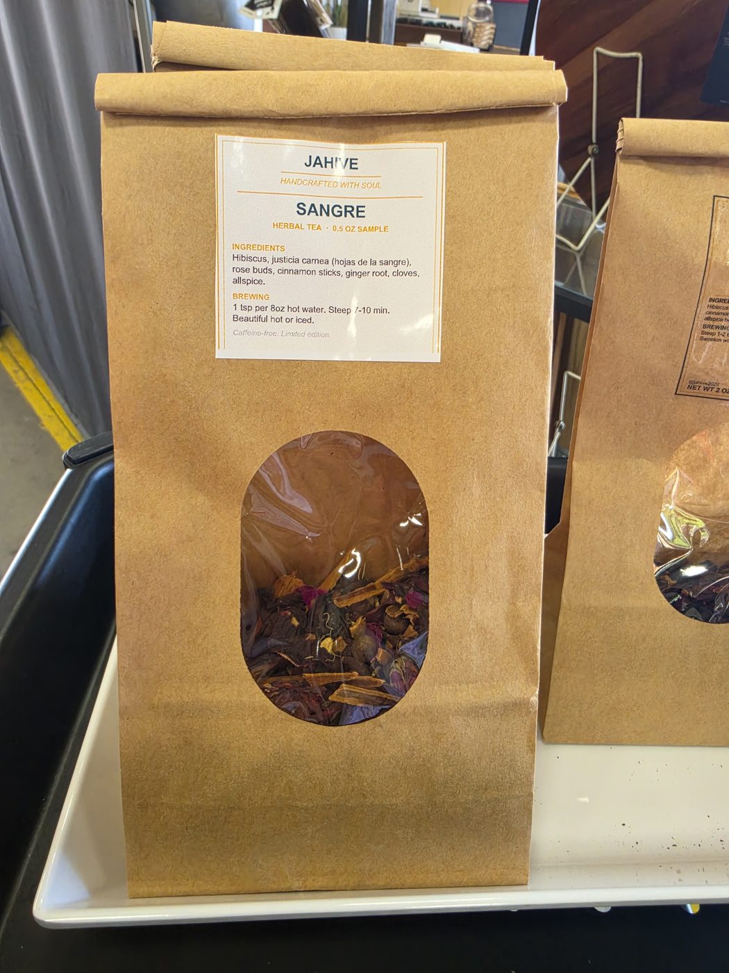 Jahive Sangre herbal tea in kraft bag with handcrafted label