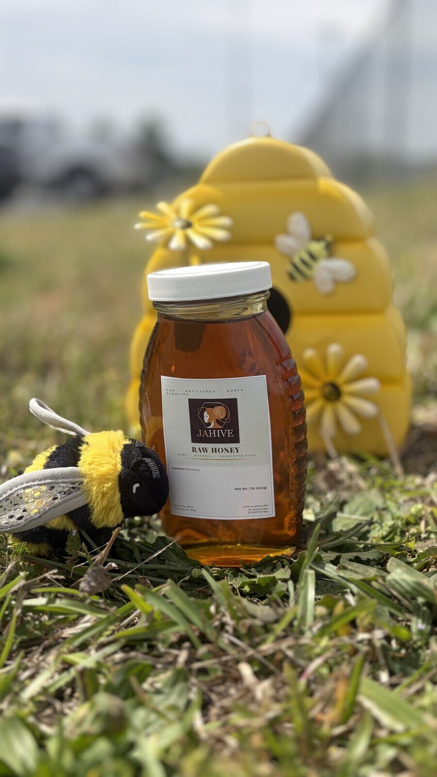 Jahive raw honey jar with bee plush and beehive in grass
